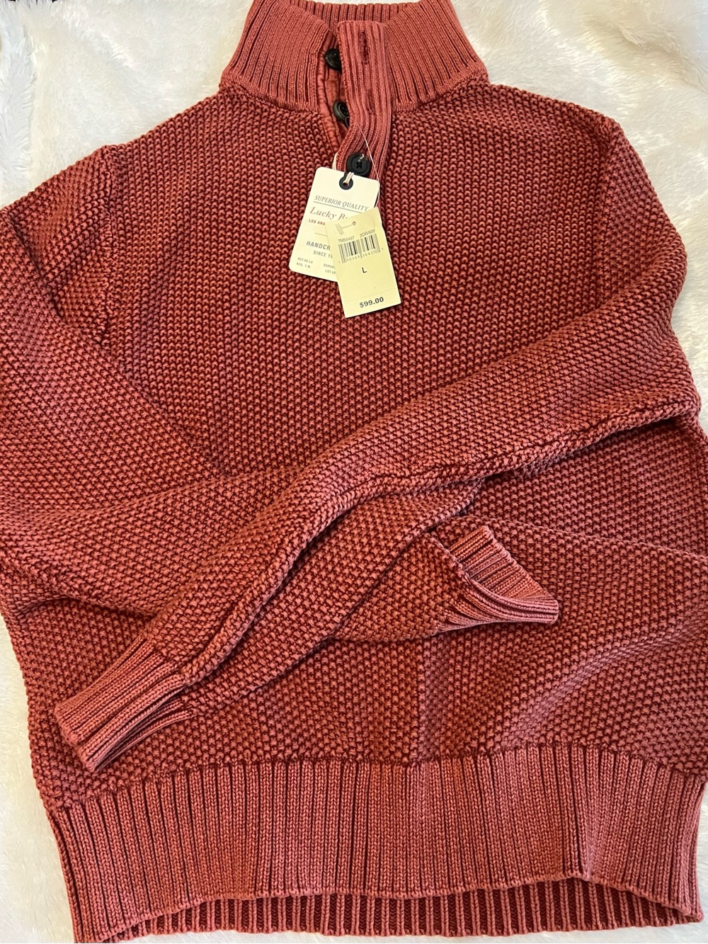 Lucky Brand Brick Red Ribbed Funnel Neck Button Pullover Sweater - Picture 6 of 9